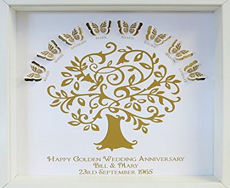 Heartstring Design Personalised Golden Wedding Anniversary Butterfly Family Tree Framed Print