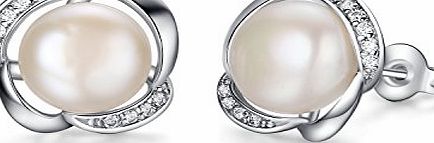HERLINA 925 Sterling Silver plated - 9mm Natural Freshwater Pearl - Flowers Stud Earrings For Women