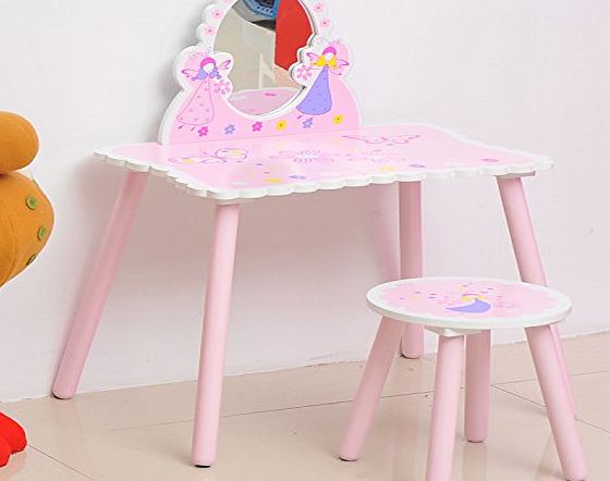 Homcom  Girls Pink Wooden Kids Dressing Table amp; Stool Make Up Desk Chair Toys Fairy Dresser Play Set w/ Mirror