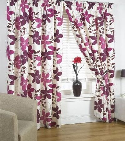 Home Sweet Home Ready Made Curtains Lined Printed Flower Design Plum 46`` x 90``