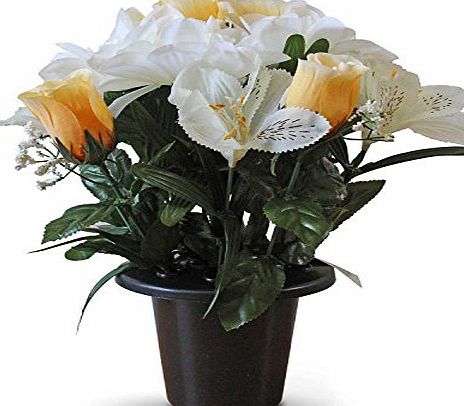 Homescapes White amp; Peach Grave Flowers Roses Lily Mix in Grave Vase 30 cm - Artificial Graveside Flowers Crematorium Memorial Decoration
