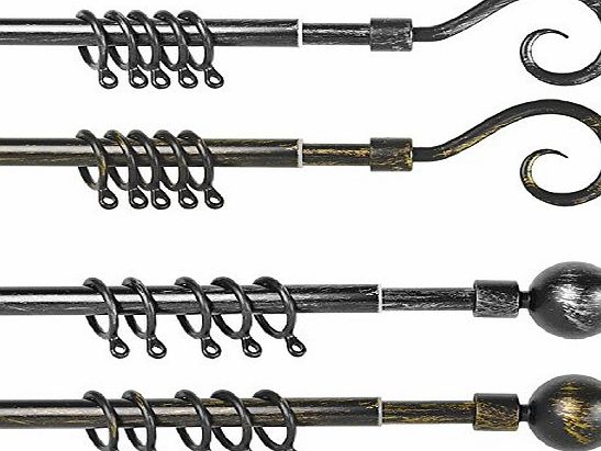 HOMESYLE DISTRESSED BLACK/SILVER/GOLD EXTENDIBLE CUTAIN POLE - BALL/CURL - MANY SIZES (120cm - 220cm, Black/Silver - CURL)