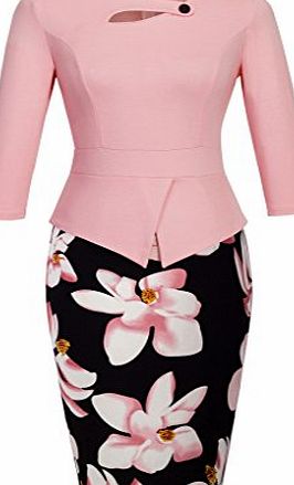 HOMEYEE Womens Vintage Cut Out Contrast Floral Evening Dress B288 (UK 16 = Size XXL, Light Pink   Floral - 3/4 Sleeve)