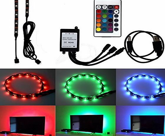 HonestEast TV Backlight for HDTV RGB LED Light Strip 2*19.7in, 7.2W/5V, 24Key Remote Control TV Accent Lighting for Flat Screen TV Accessories, Desktop PC (Reduce eye fatigue and increase image clarit