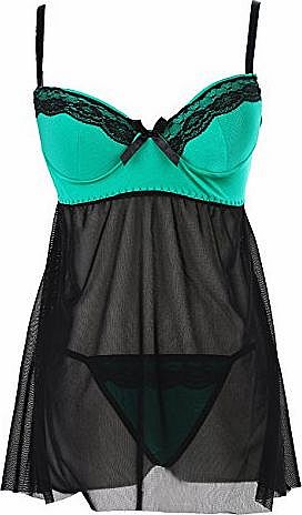 Hotportgift Hot Sexy Satin Babydoll Womens Ladies Lingerie Nightdress MINI Dress G-string Sleepwear Green (XL(UK
