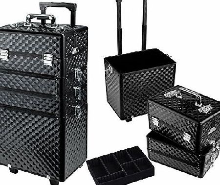 HST 4 in 1 Professional Rolling Makeup Nail Case Vanity Cosmetics Beauty Case Box Trolley Train Case (Diamond Black)