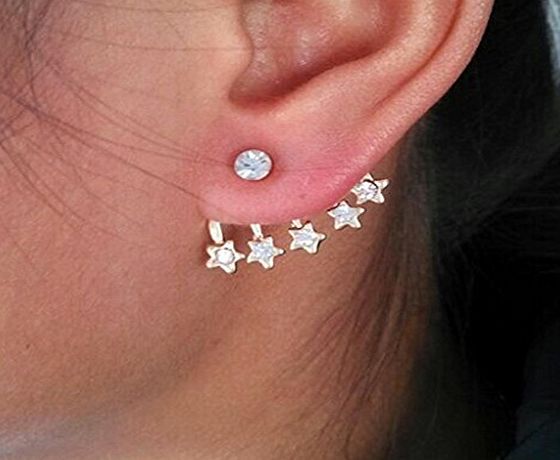 HuntGold 1Pair Women Fashion Silver Plated Five-pointed Stars Rhinestone Earring Ear Studs