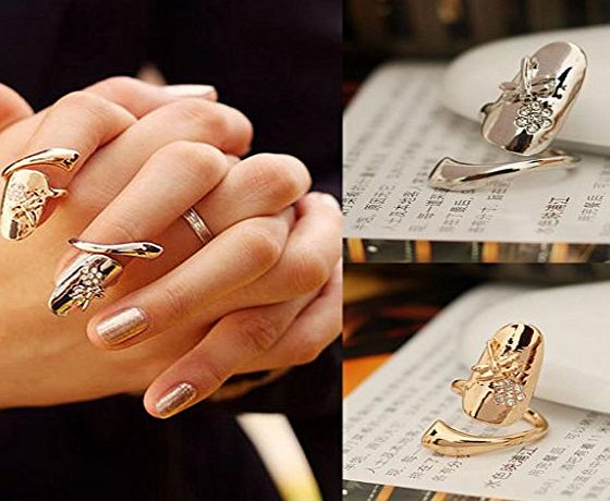 HuntGold 2X Personality Dragonfly Flower Shiny Rhinestone Finger Tip Nail Ring(gold,silver)