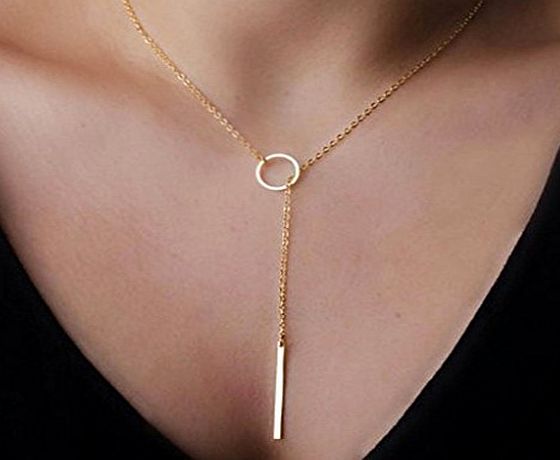 HuntGold Women Lady Metal Ring Stick Pendant Charming Necklace(gold)