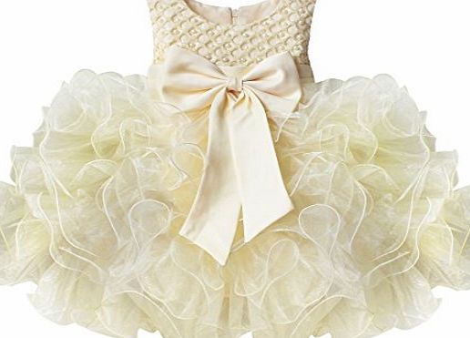 iEFiEL Baby Girls Flower Dresses Beading Bodice Big Bow Formal Party Occasion Dress Beige 12-18 Months