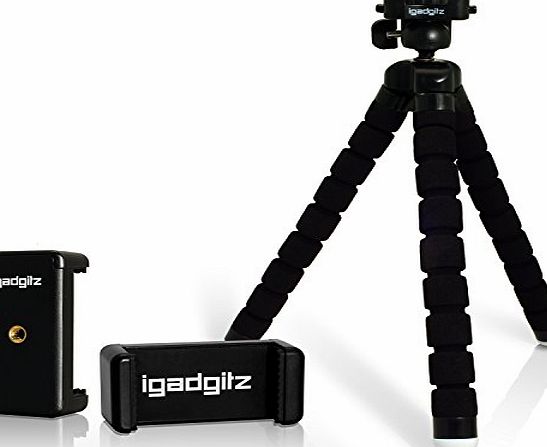 iGadgitz Lightweight Large Universal Flexible Foam Mini Tripod with Universal Smartphone Holder Mount Bracket Adapter for SLR DSLR Cameras Including Quick Release Plate- Black