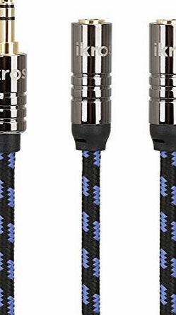iKross 3.5mm Headphone Braided Jacket Audio Stereo Splitter Cable - 1 Male to 2 Female - Black / Blue for Smartphone MP3 Player Home Stereo system and more