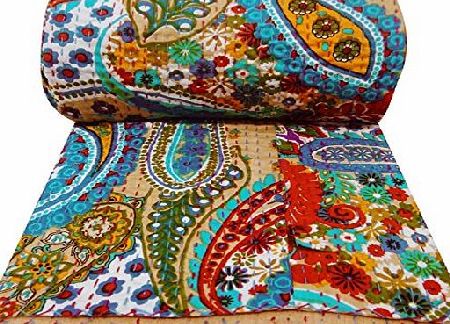 Indianbeautifulart Gudri Pure Cotton Multicolor Indian Quilt Reversible Bed Spread 108`` X 93``
