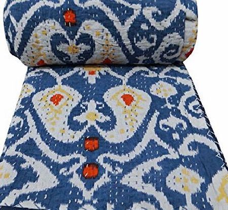 Indianbeautifulart Paisley Pattern Gudri Blue Pure Cotton Kantha Style Quilt Queen Size Bed Spread 106 X 89