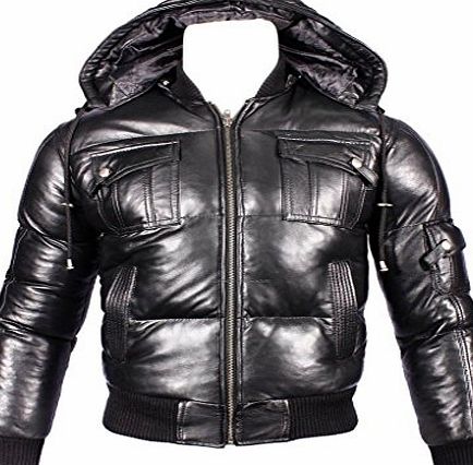 Infinity Mens Detachable Hood Black Leather Puffa Bomber Jacket 3XL