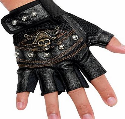 INRED Mens Studded Faux Leather Mesh Punk Gothic Hip-hop Fingerless Inred Skull Gloves