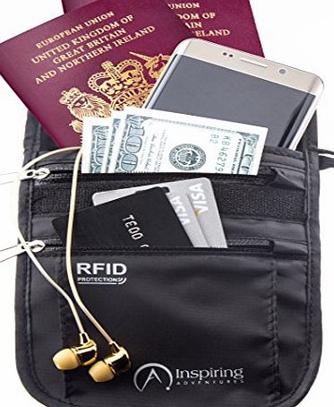 Inspiring Adventures Travel Neck Wallet, Water Resistant Passport Holder Pouch with RFID Blocking