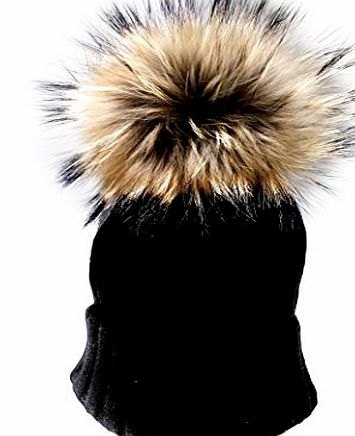 Isabel Carrero Pom Pom Designer Hat Large Real Raccoon Fur Detachable Luxurious Rib Ski Beanie.