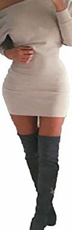 ISASSY Womens Off Shoulder Long Sleeve Jumper Bodycon Bandage Party Evening Slim Sweater Mini Dress Shirt Top Khaki Small