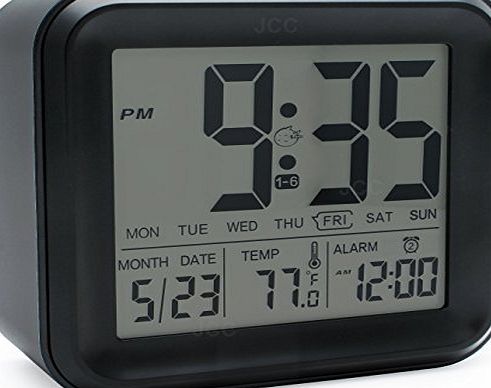 JCC Easy To Set Large Display Square Digital Alarm Clock With 3 Sets Alarm And Light Activated Night Light Features, Optional Weekday Alarm, Calendar, Temperature, Battery Operated (Black)