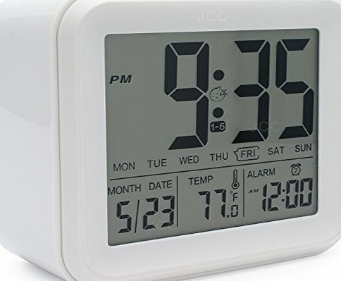 JCC Large Number LCD Digital Alarm Clock With 3 Sets Alarm And Light Activated Night Light, Optional Weekday Alarm, Day, Date ,Temperature, Battery Operated (White)
