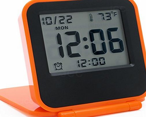 JCC Multifunction Mini Square Pocket Size Portable Folding Electronic Travel Digital Alarm Clock with Alarm clock, Calendar, Temperature, Backlight, Repeating Snooze - Battery Operated (Orange)