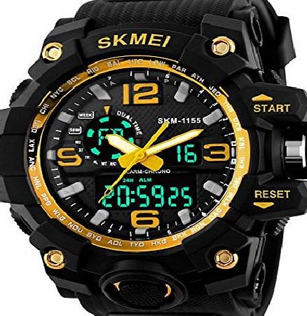 Jelercy Dual Dial Analog Digital Quartz Electronic LED Display 5ATM 50M Waterproof Running Oversized Face Sports Watches for Men,Gold