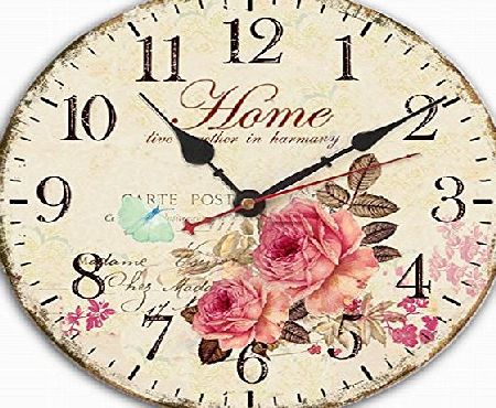 Jinberry 14`` (34cm) Vintage Silent Sweep Round Wooden Wall Clock / Shabby Chic Antique Rustic French Country Clock, No Tick Retro Style 14 Inch Clock