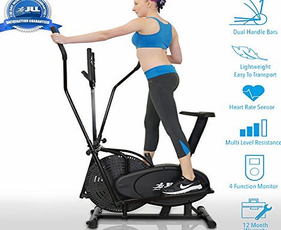 JLL 2-in-1 Elliptical Cross Trainer Exercise Bike CT100, Fitness Cardio Workout Machine-With Seat   Pulse Heart Rate Sensors, Console Display, 5-level seat adjust and 4-level handlebar adjust. Black c