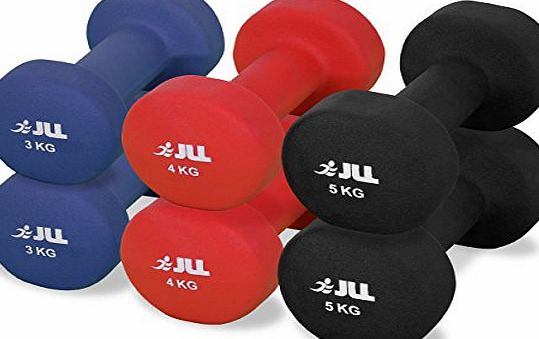 JLL Neoprene Coated Steel Dumbbells Aerobic Weight Fitness Training - Sold as a pair (Multi 3, 2x 3kg,   2x 4kg   2x 5kg)