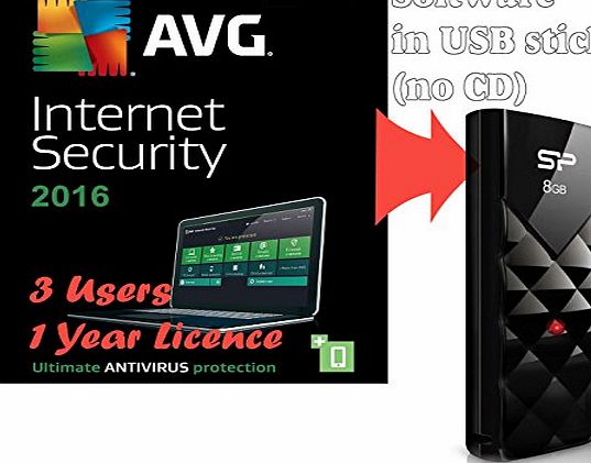 JSP AVG Internet Security 2016 for 3 Users / Computers 1 Year Licence (Ultimat Antivirus Software, supplied in 8GB USB Stick, Windows 10, 8, 7 Compatible )