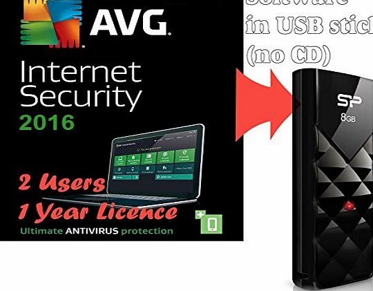 JSP Bundle AVG Protection 2016 for 2 Users / Computers 1 Year Licence ( Internet Security Antivirus Software, supplied in 8GB USB Stick, Windows 10, 8, 7 Compatible)