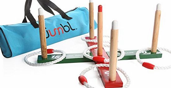 jumbl  Wooden Ring Quoits Game For Kids and Adults - Includes Wooden Ring Toss Target Rack, 5 Rings and Carry Bag