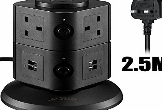 JZBRAIN 6 Gang Outlets and 4 USB Ports Extension lead Vertical Power Strip with Surge Protector Overload Protection 2.5M/8.2ft Extension Cord (Black)