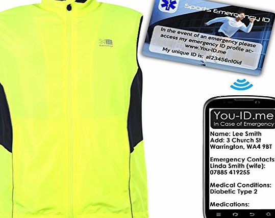 Karrimor Mens Hi Viz Running Vest Gillet Sleeveless Jacket Bright Fluorescent Yellow and Reflective Safety Detail. Highly Visible to Road Users Motorists Drivers Cars. Free Sports Emergency Safety ID Card Wort