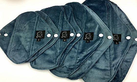 Kernow Kloth PLAIN Starter Pack SLATE BLUE - 8 Pack:2 PANTY LINERS, 2 REGULAR, 2 HEAVY, 2 NIGHT Flow - Cloth Sanitary Pads (CSP), Bamboo CHARCOAL, Minkee / MINKY, Washable Reusable Period Protection, Menstrual Pro