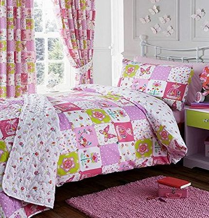 Kids Club Single Duvet set amp; Curtains - Girls Pink Butterfly amp; Flowers Patchwork Printed Design (Single Set amp; Curtains 66x72``)