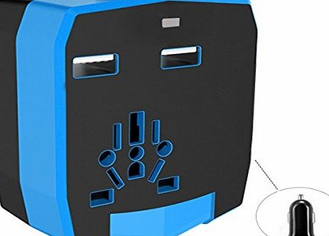 KINDEN Travel Adaptor Universal AC International Armour Worldwide Power Charger Wall Adapter Plug (US/EU/UK/AU) with 2.5A Dual USB Charging Ports and Car Charger (Blue)