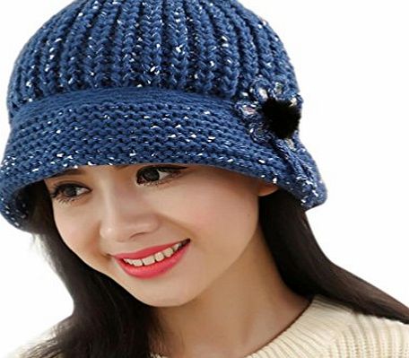 Kingko Fashion Women Lady Winter Warm Crochet Knitted Hat Flower Decoration Winter Hat Warm Cap to Protect Head and Ears (Blue)