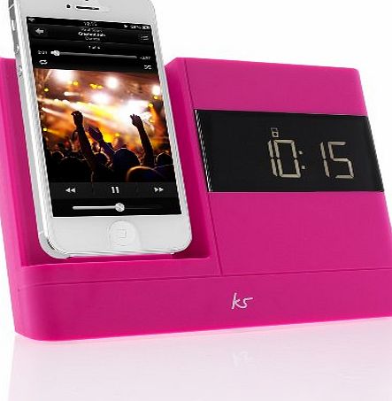 Kitsound  X-Dock2 LCD Display Clock Radio Dock with Lightning Connector for iPhone 5/5S/6/6S, iPod Nano 7th Generation and iPod Touch 5th Generation - Pink