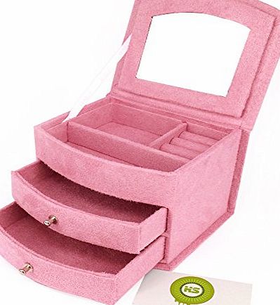 KIWISWEET Pink Suedette MINI Three Layer Jewelry Jewellery Box/Storage Box/Cubby box Case Organizer with Mirror,Perfect Storage for Necklace/Bracelet/Earrings/Pendants