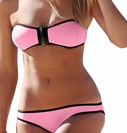 KKia Women Sexy Bikini Set Padded Chest Zipper Beach Swimwear Bandeau Swimsuit Pink S