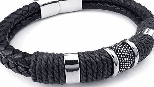 KONOV  Jewellery Mens Leather Stainless Steel Bracelet, Braided Cuff Bangle, Black Silver, 9 inch (with Gift Bag)