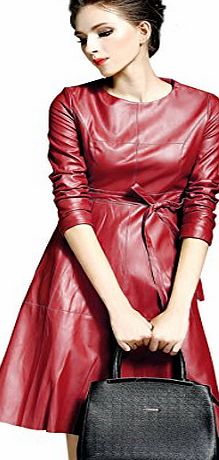 LAI MENG Womens Faux Leather Long Sleeve Fit-and-Flare Cocktail Midi Dress