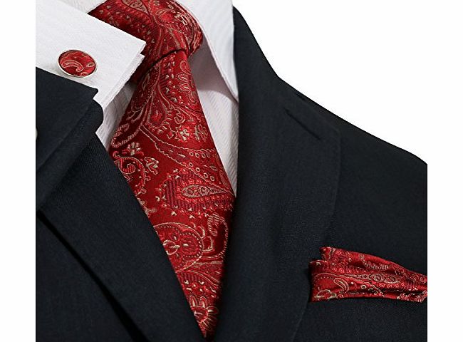 Landisun Paisleys Pure Silk Tie Set: Tie Hanky Cufflinks 60W Slight Light Red, 3.75``Wx59``L
