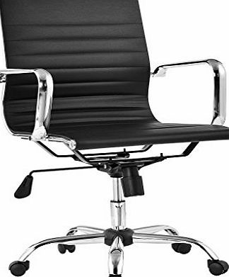 LANGRIA Comfortable Medium Back Ribbed PU Leather Executive Chair Home Office Use, Ergonomic Design, Fully Adjustable Height, Synchro Tilt Mechanism, 360 Degree Swivel, Max Weight Capacity 130kg, Blac