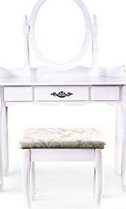 LANGRIA Vanity Makeup and Dressing Table with Adjustable Oval Swivel Mirror 1 Drawer Queen Anne Legs and Jacquard Floral Stool Set (White)
