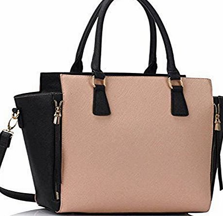 LEESUN LONDON Ladies Shoulder Bags Womens Large Designer Handbags Tote Shoulder Faux Leather Fashion Bags (Black/Nude Shoulder Bag)