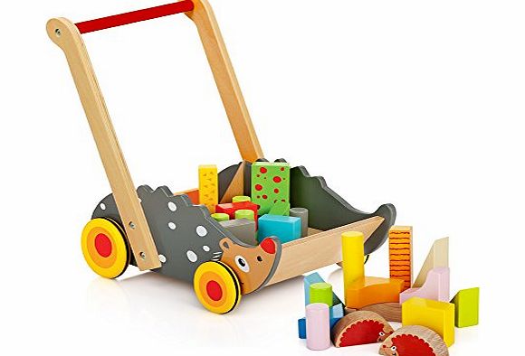 Leomark Baby walker with blocks, wooden, activity toy, push along, toddler track, push toy, wood bricks, shape and color, cart, buggy