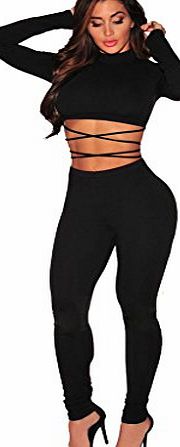 Longwu Womens Sexy Tops and Long Pants Two-piece Set Bandage Club Jumpsuits-Black-S